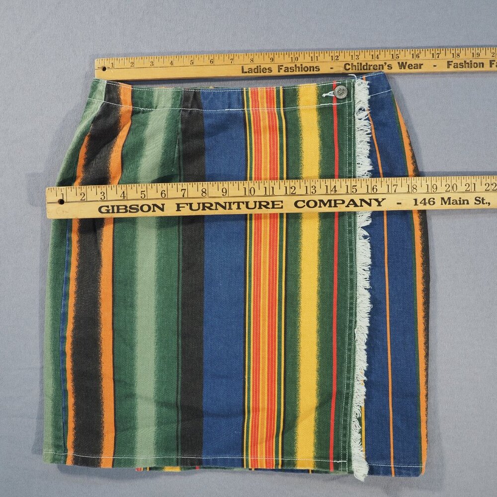 Vintage Gitano Skirt Women 11 12 Green Blue Stripe Wrap Raw Edge Hippie Retro - Picture 6 of 10
